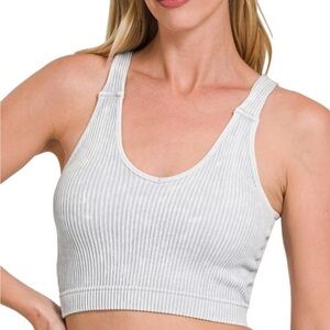 A203. Gray Washed Ribbed Cropped Seamless Bra Padded Tank Top